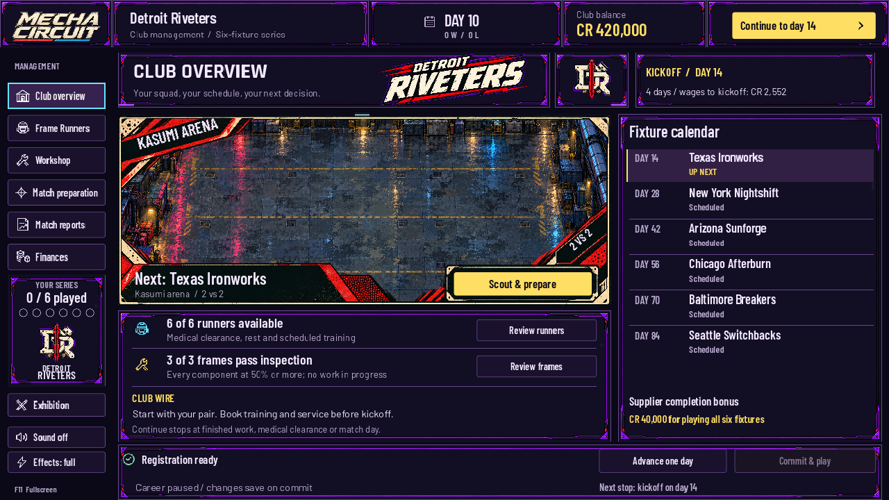 MECHA CIRCUIT development screenshot showing club overview, arena, squad readiness, finances and fixture calendar